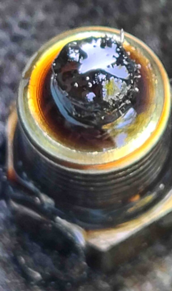 Engine oil drain plug with metal shavings stuck to magnet of plug.